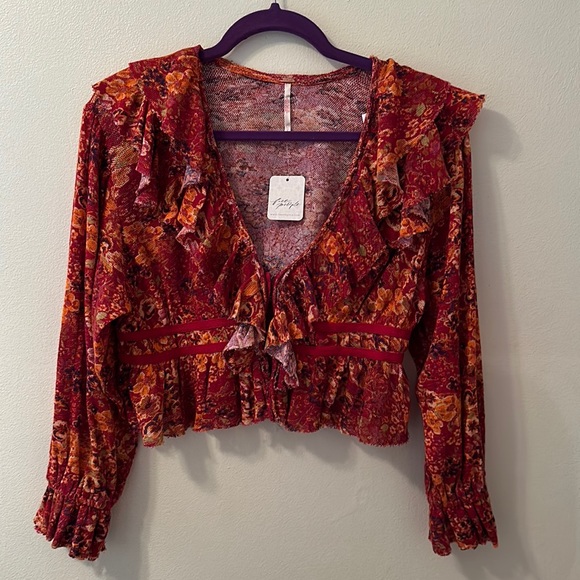 Free People top Size Small - red orange flouncy 100% cotton - Picture 1 of 5